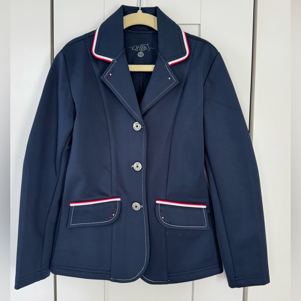 QHP Equestrian youth show jacket. Navy size 8 (128cm)